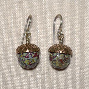 Hand Crafted Handmade Earrings Red & Olive Czech Glass Bead & Copper Aco…